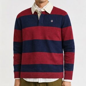 GANT Wool Blend Stripe Long Sleeve Rugby Polo Shirt Burgundy